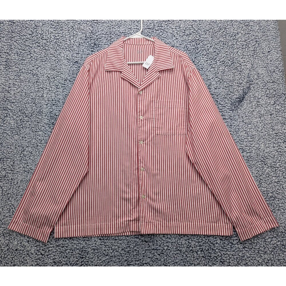 NWT GAP Sleep Poplin Shirt Mens LG Button Up Striped Long Sleeve Pajama Top Red